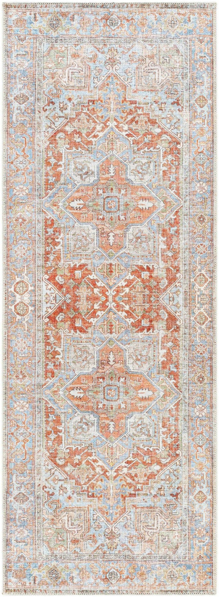 Rust, Silver and Blue Traditional Medallion design Machine Washable Rug - The Rug Decor