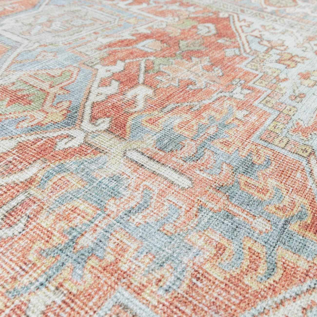 Rust, Silver and Blue Traditional Medallion design Machine Washable Rug - The Rug Decor