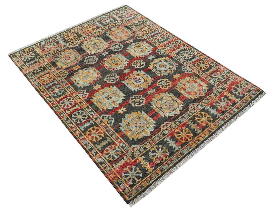 Rustic Hand knotted Traditional 8x10 Charcoal And Red Wool Rug - The Rug Decor