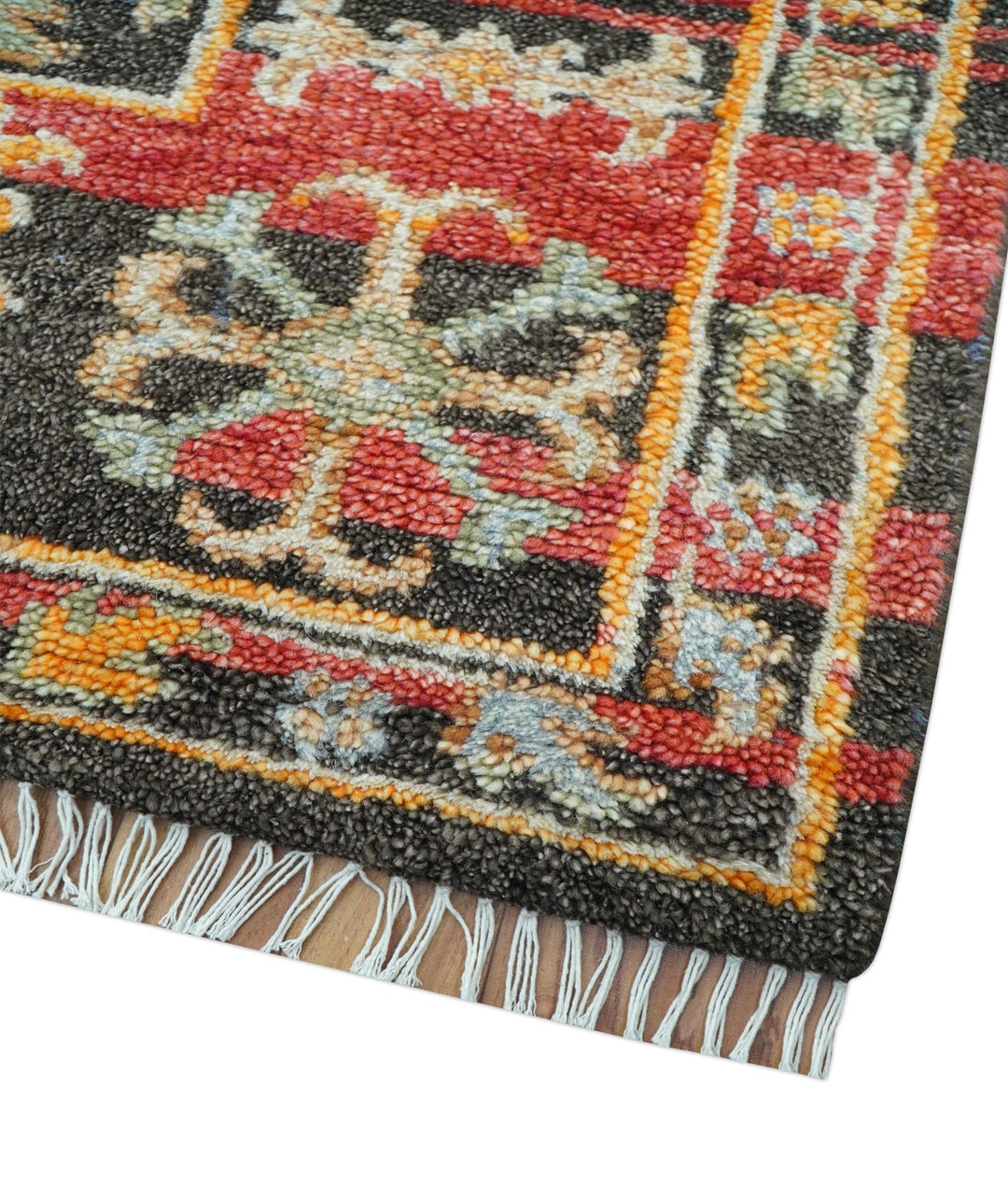 Rustic Hand knotted Traditional 8x10 Charcoal And Red Wool Rug - The Rug Decor