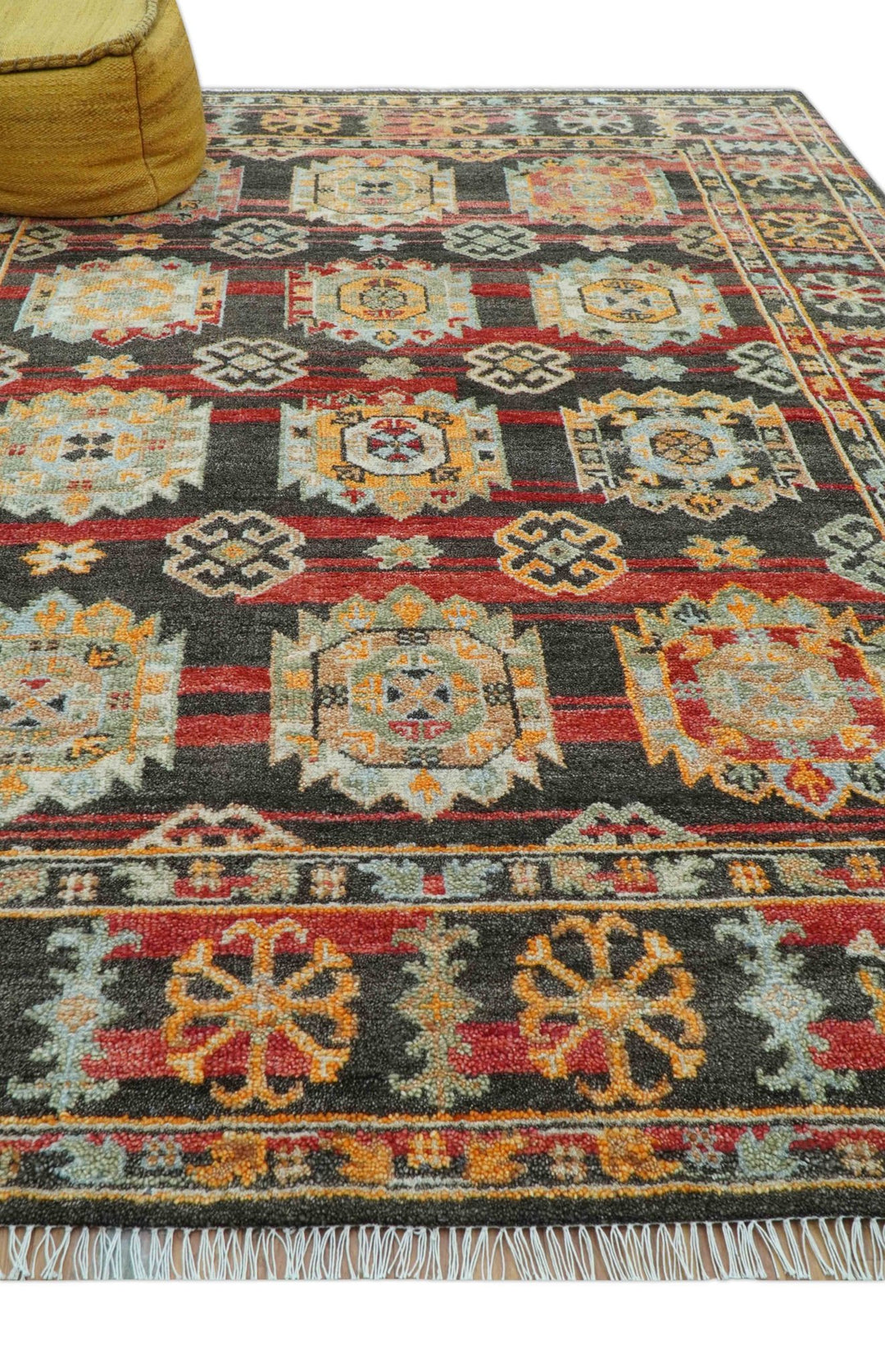 Rustic Hand knotted Traditional 8x10 Charcoal And Red Wool Rug - The Rug Decor