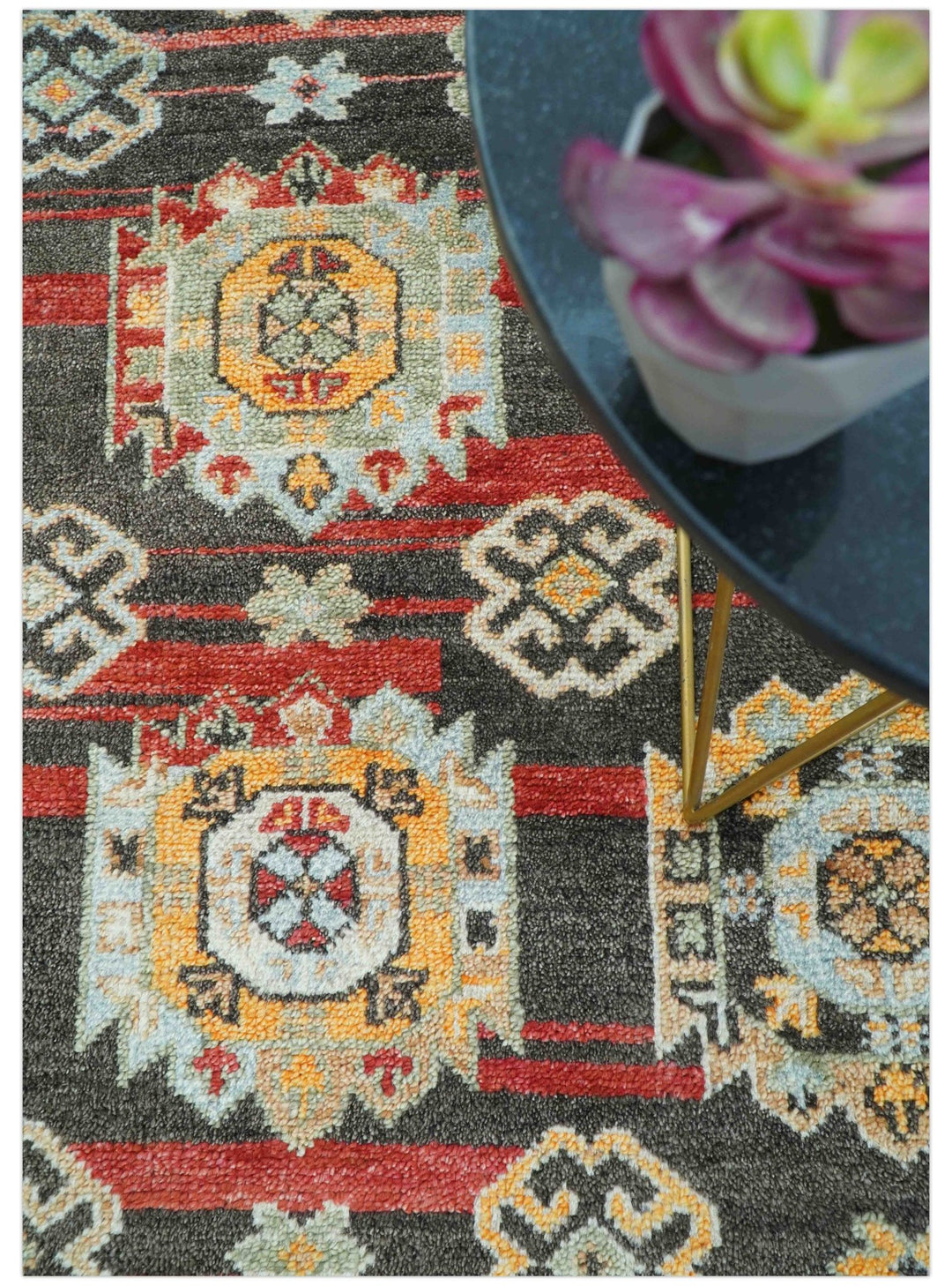 Rustic Hand knotted Traditional 8x10 Charcoal And Red Wool Rug - The Rug Decor