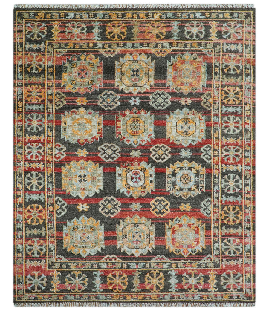 Rustic Hand knotted Traditional 8x10 Charcoal And Red Wool Rug - The Rug Decor