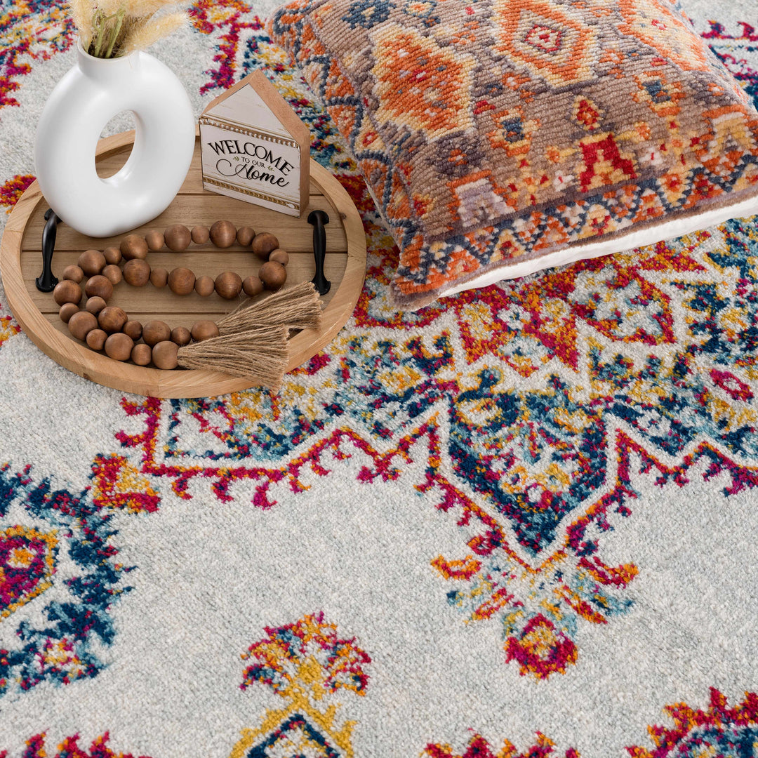 Istanbul Traditional Medallion Design Ivory And Blue Area Rug
