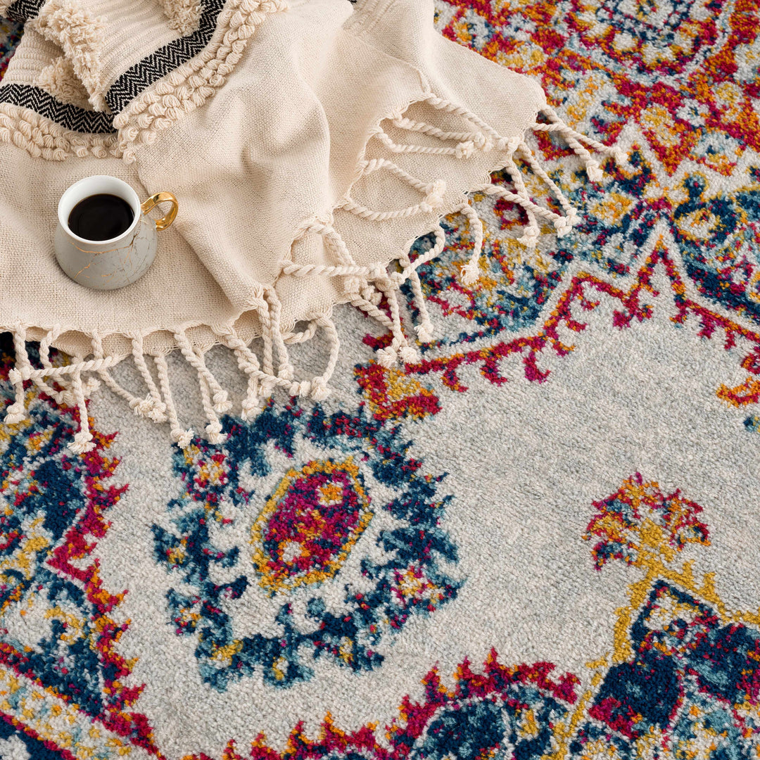 Istanbul Traditional Medallion Design Ivory And Blue Area Rug