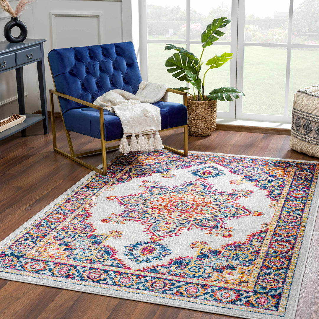Istanbul Traditional Medallion Design Ivory And Blue Area Rug