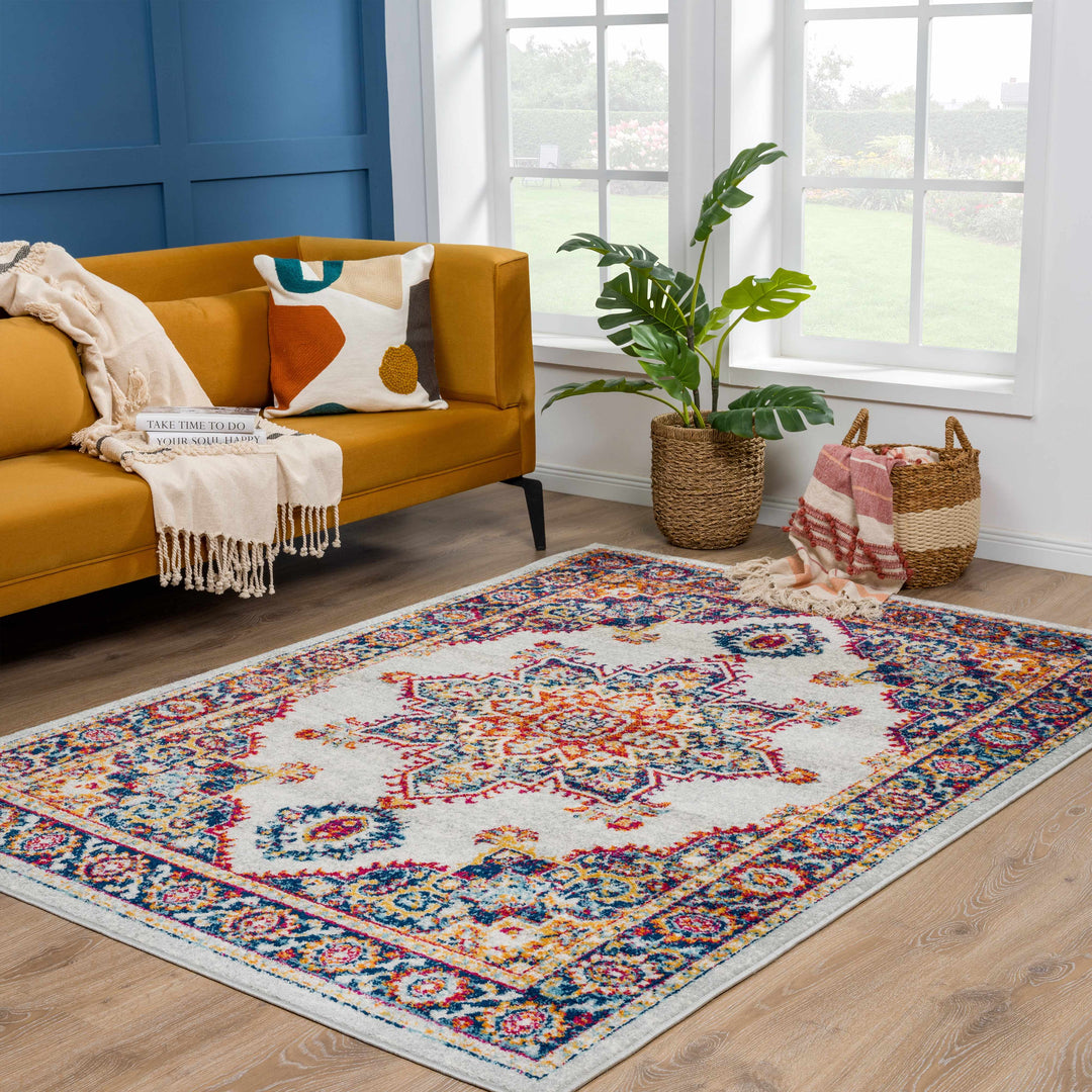 Istanbul Traditional Medallion Design Ivory And Blue Area Rug