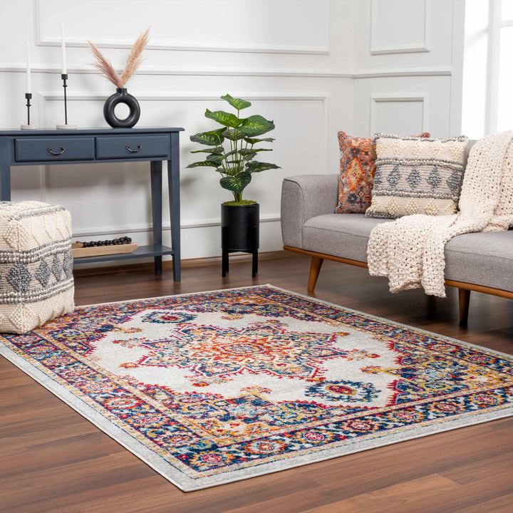 Istanbul Traditional Medallion Design Ivory And Blue Area Rug