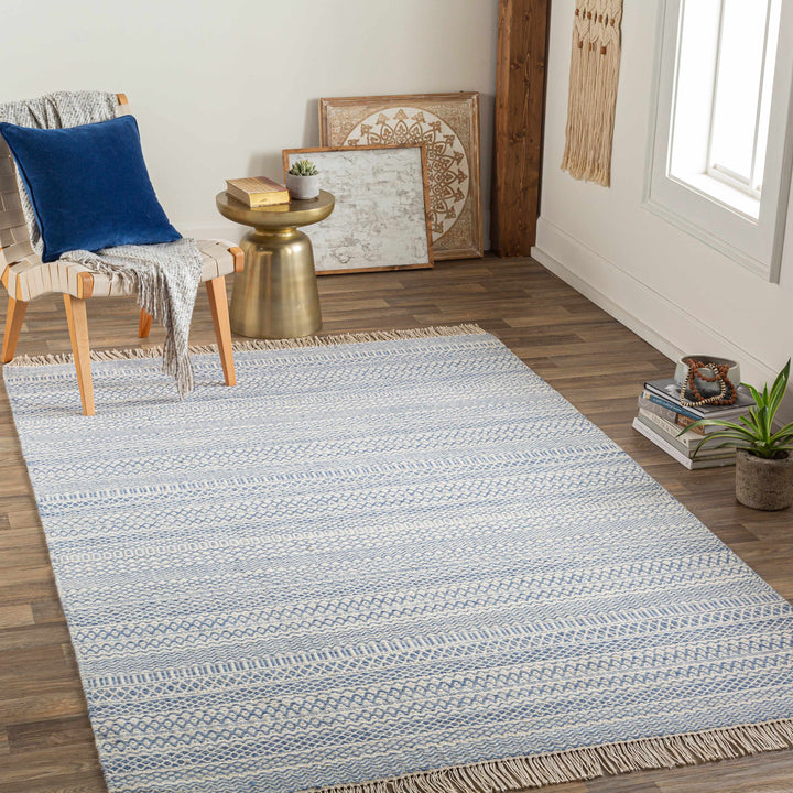Sanctuary Blue And Ivory Modern Geometrical Hand Woven Area Rug