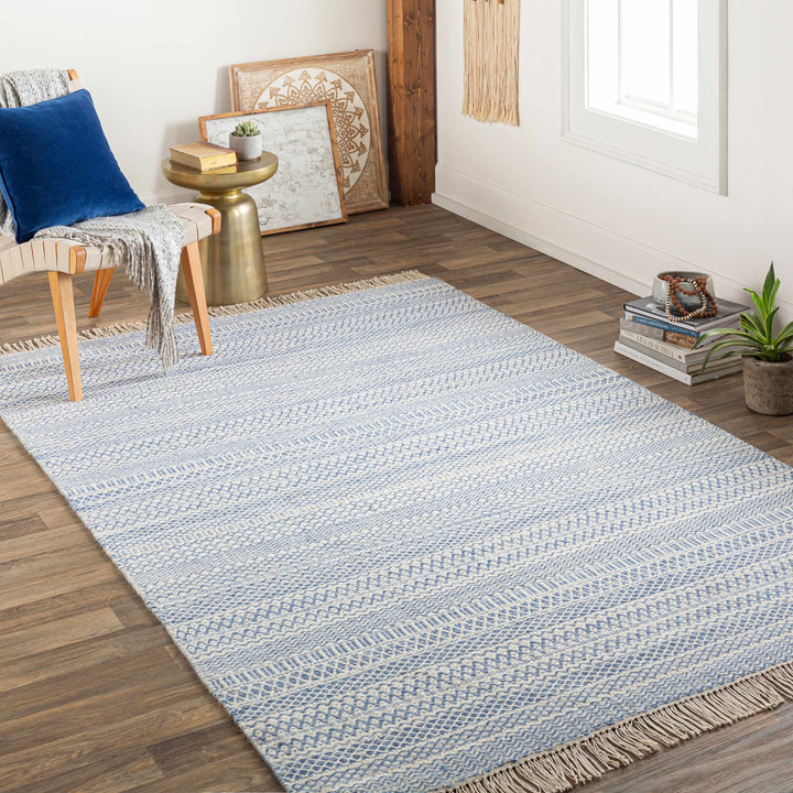 Sanctuary Blue And Ivory Modern Geometrical Hand Woven Area Rug