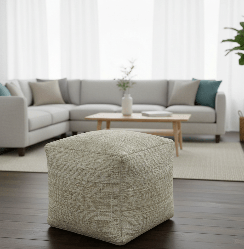 Sand Boho Farmhouse Natural Brown and Beige Jute Pouf - The Rug Decor