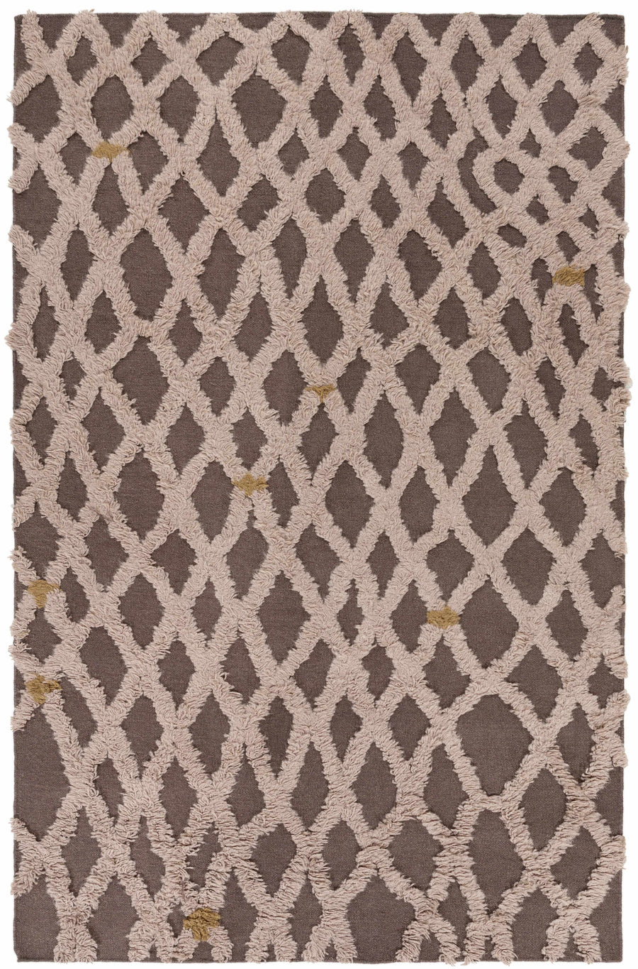 Taupe wool area rug with diamond trellis pattern and small gold accents