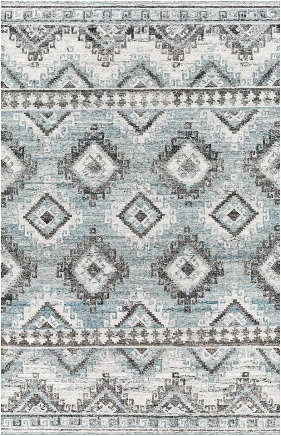 Hand-woven area rug with ivory and blue geometric diamond medallion pattern border.