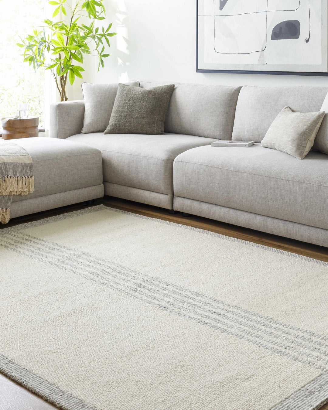 Ande Modern Stripe Pattern Beige Hand Tufted Wool Area Rug