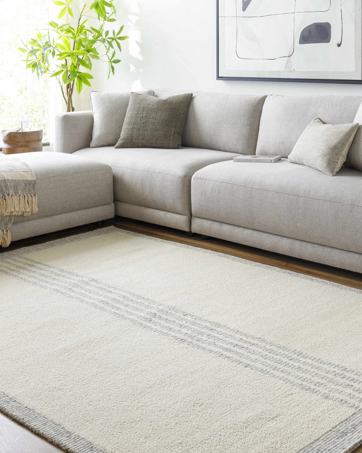 Ande Modern Stripe Pattern Beige Hand Tufted Wool Area Rug