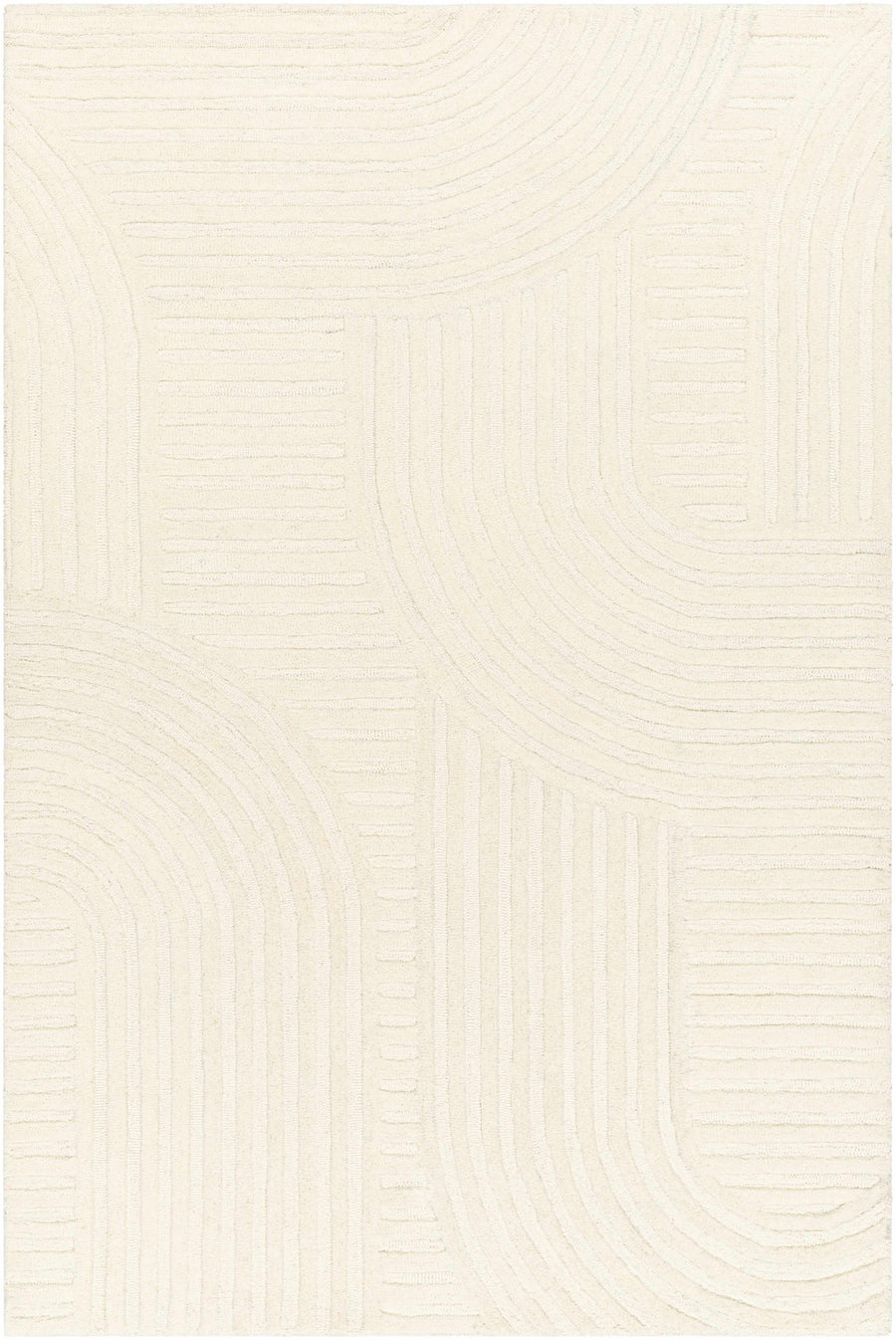 Beige hand-tufted wool area rug with raised geometric pattern, rectangular design