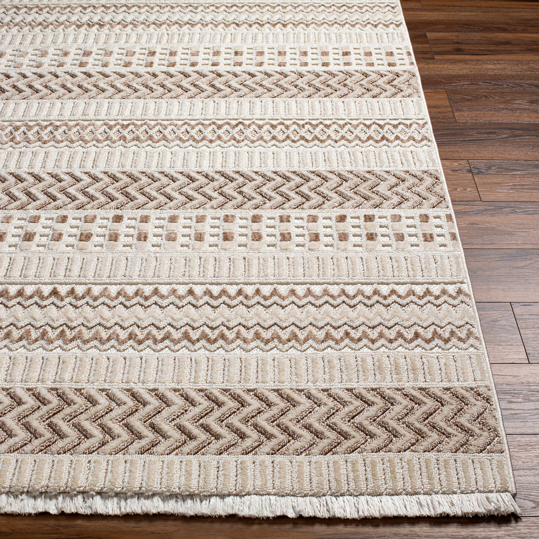 Eiko Traditional Style Beige Textured Saxony Rug with Fringes