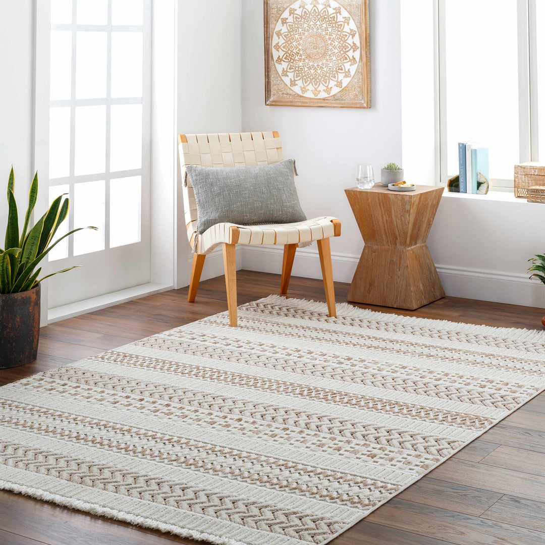 Eiko Traditional Style Beige Textured Saxony Rug with Fringes