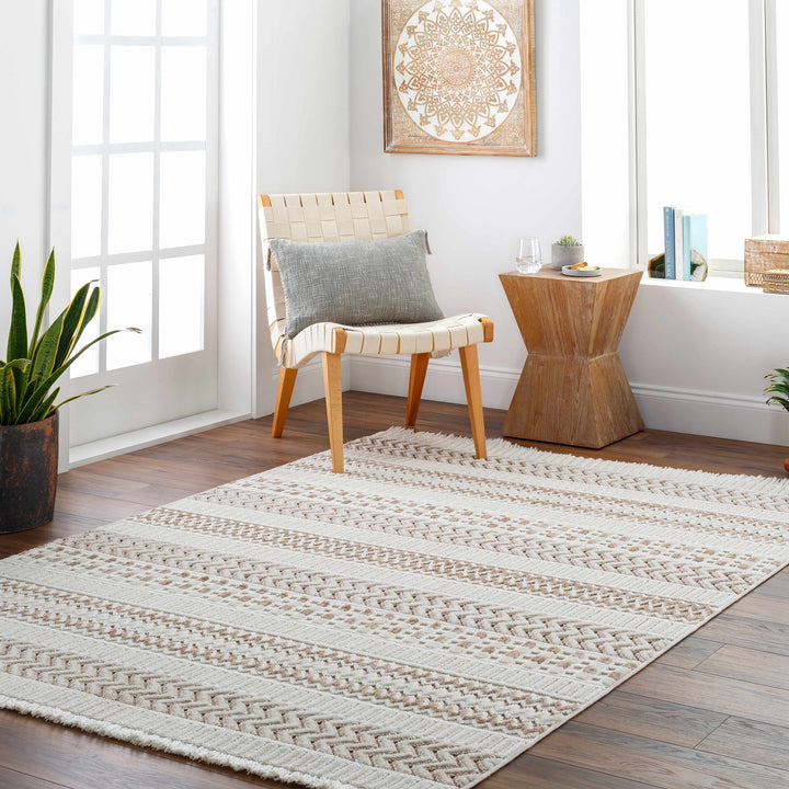 Eiko Traditional Style Beige Textured Saxony Rug with Fringes
