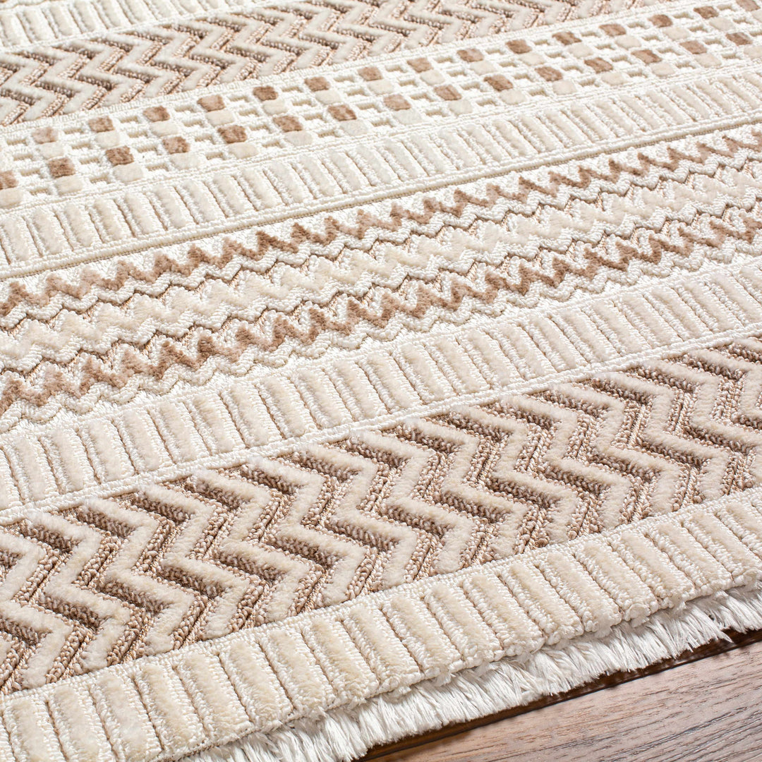 Eiko Traditional Style Beige Textured Saxony Rug with Fringes