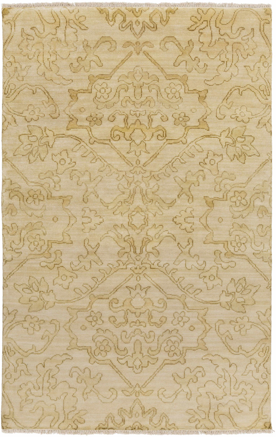 Traditional beige and tan hand-knotted area rug with ornate all-over pattern