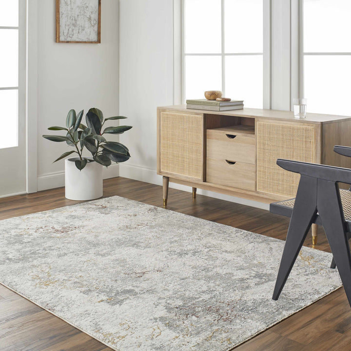 Edana Modern Abstract Design Ivory And Gray Rug with Fringes