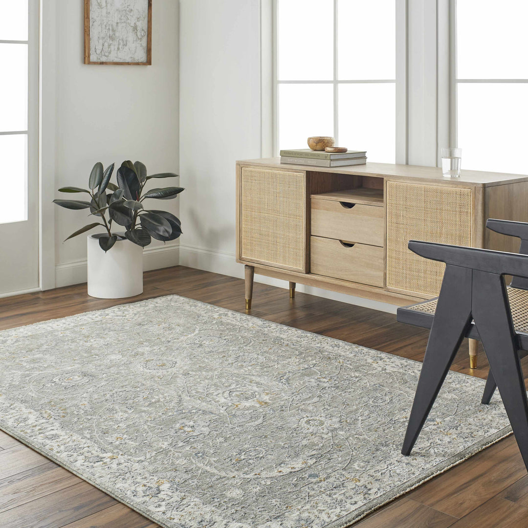 Gauge Traditional Style Gray Blue Rug with Fringes
