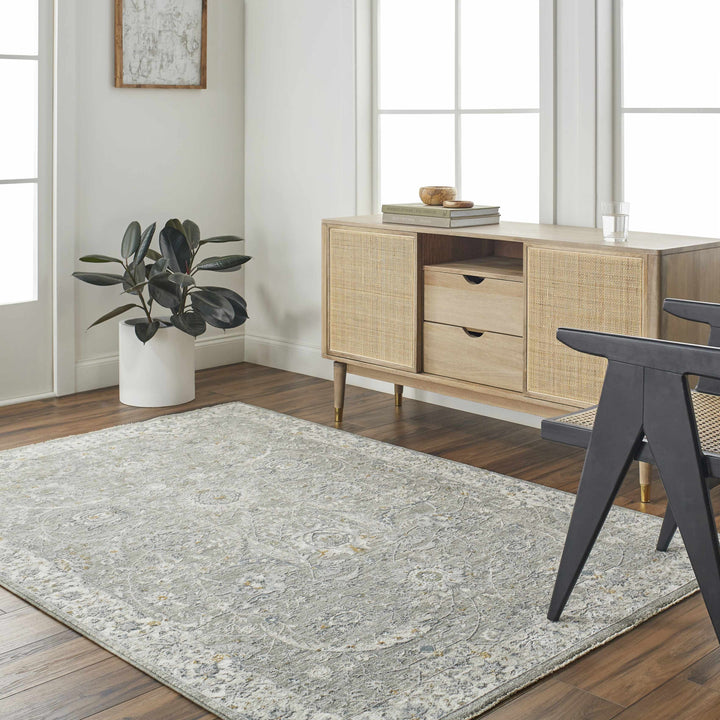 Gauge Traditional Style Gray Blue Rug with Fringes