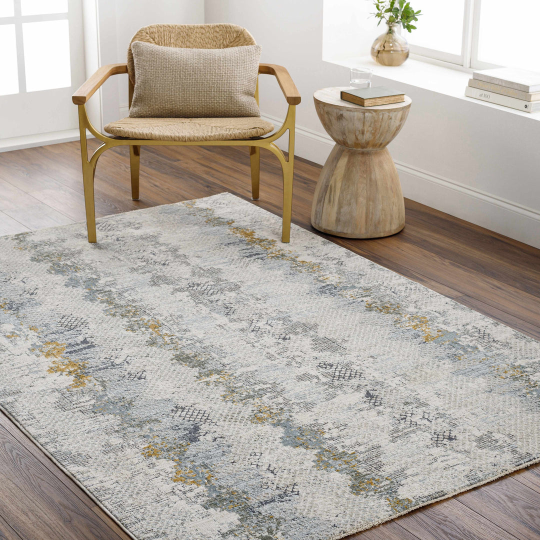 Lalo Modern Abstract Design Ivory And Green Rug with Fringes