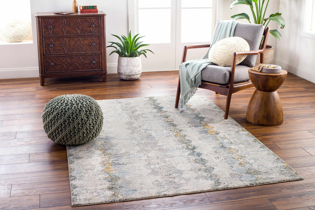 Lalo Modern Abstract Design Ivory And Green Rug with Fringes