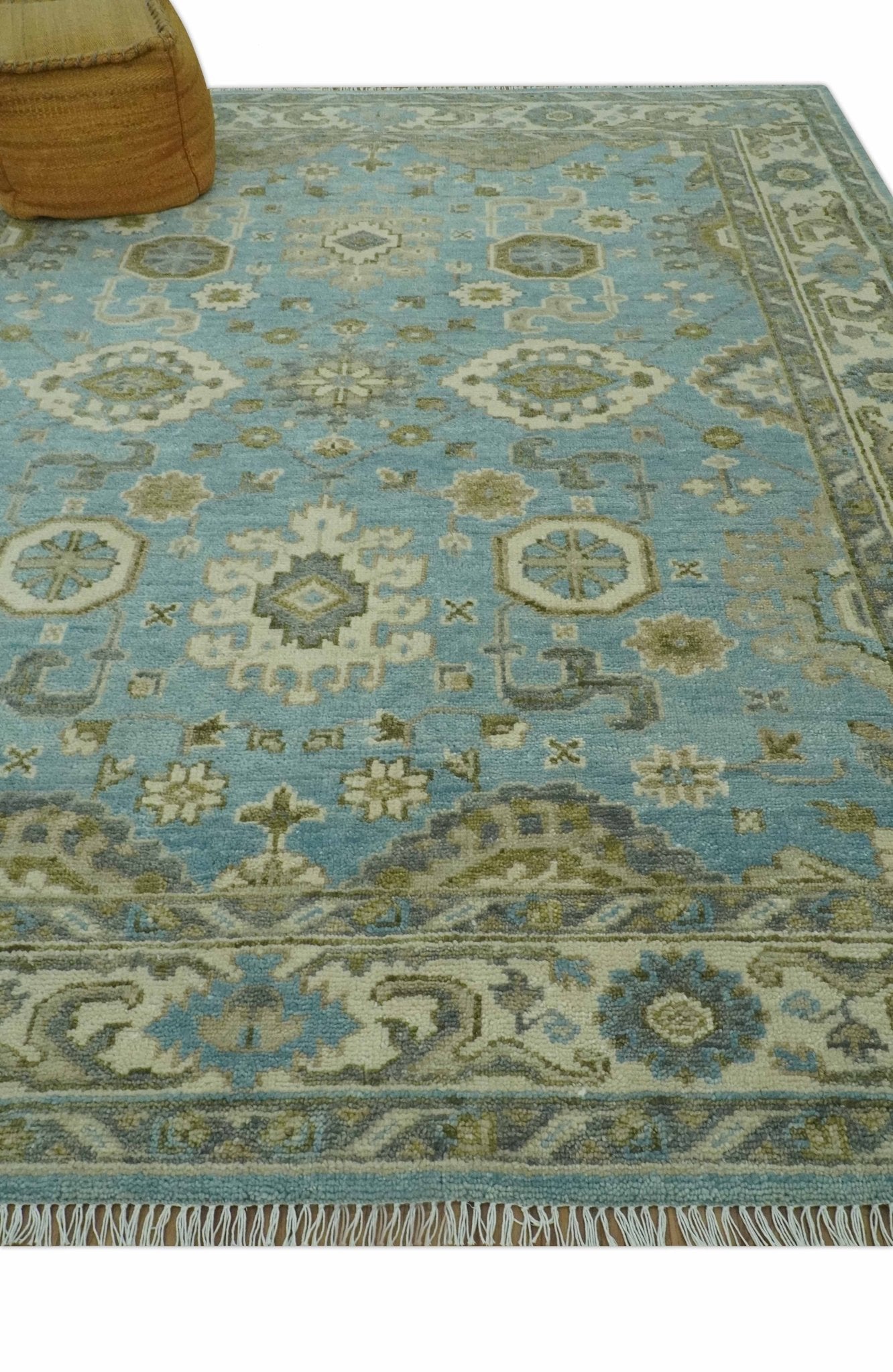 Sea Blue, Green and Ivory 8x10 Hand Knotted Traditional Oriental Oushak wool rug - The Rug Decor