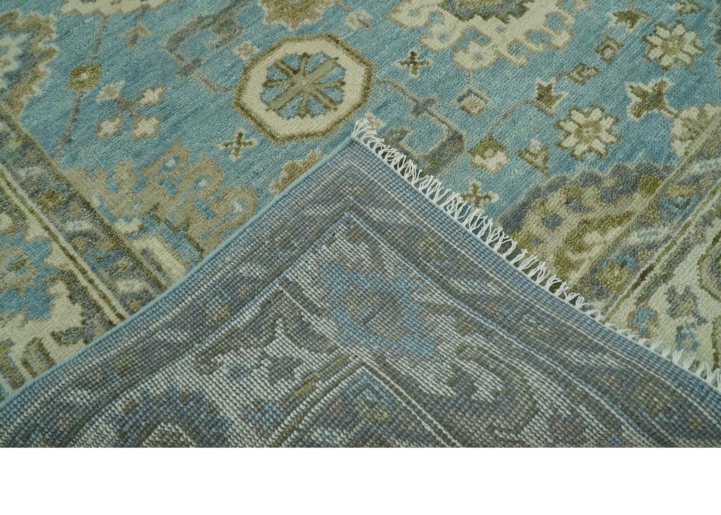 Sea Blue, Green and Ivory 8x10 Hand Knotted Traditional Oriental Oushak wool rug - The Rug Decor