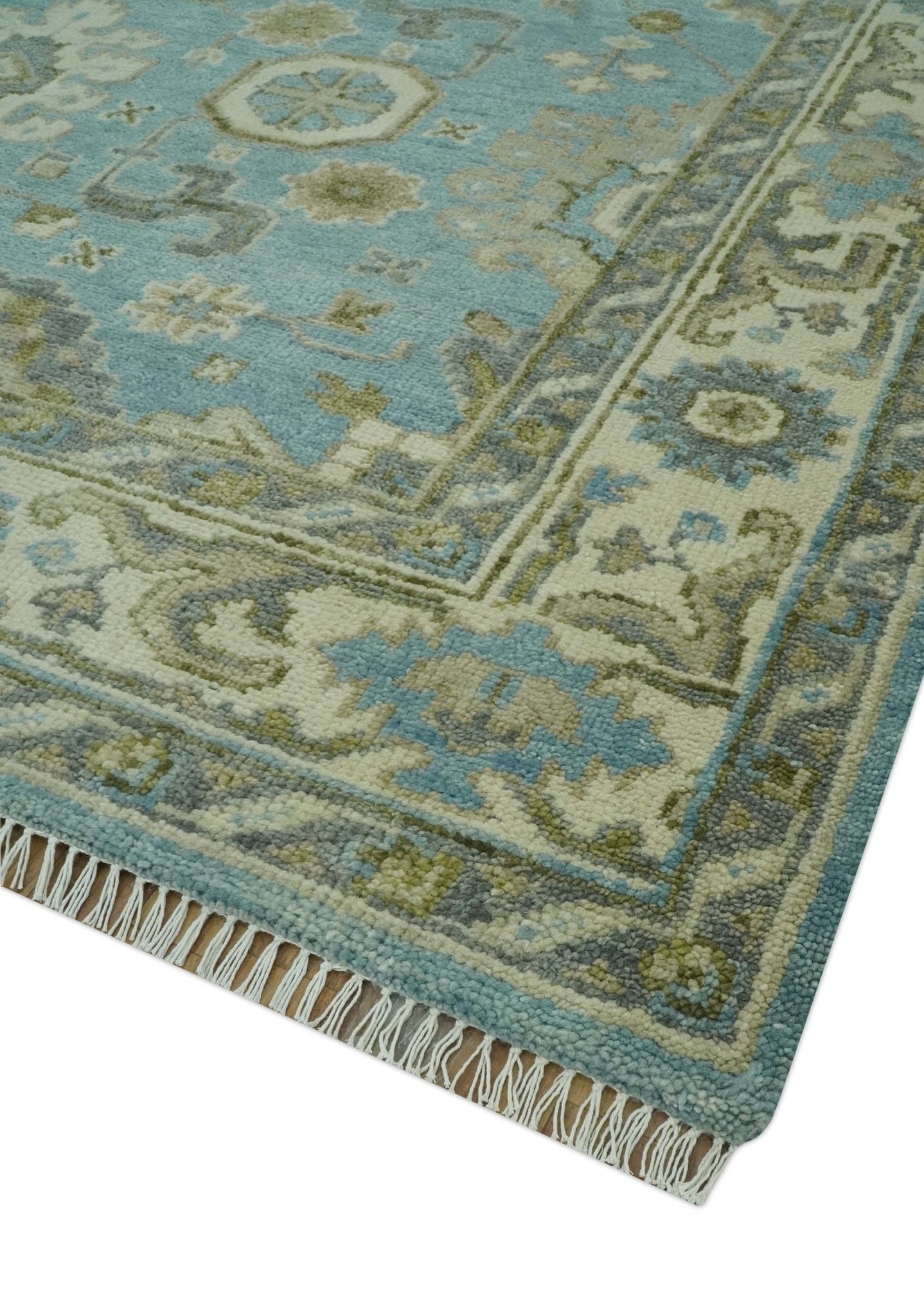 Sea Blue, Green and Ivory 8x10 Hand Knotted Traditional Oriental Oushak wool rug - The Rug Decor