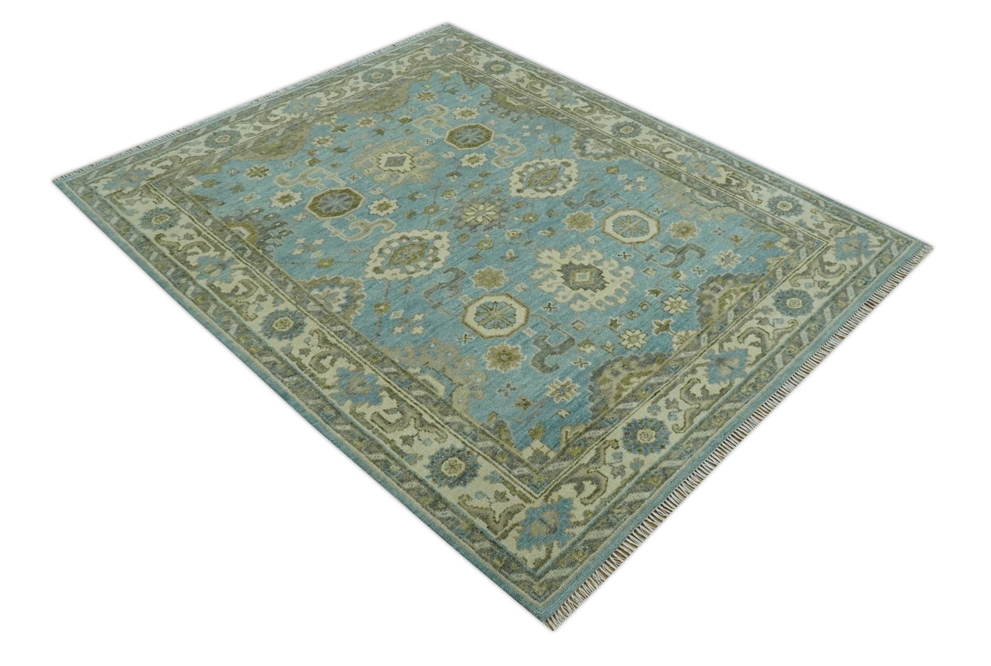 Sea Blue, Green and Ivory 8x10 Hand Knotted Traditional Oriental Oushak wool rug - The Rug Decor