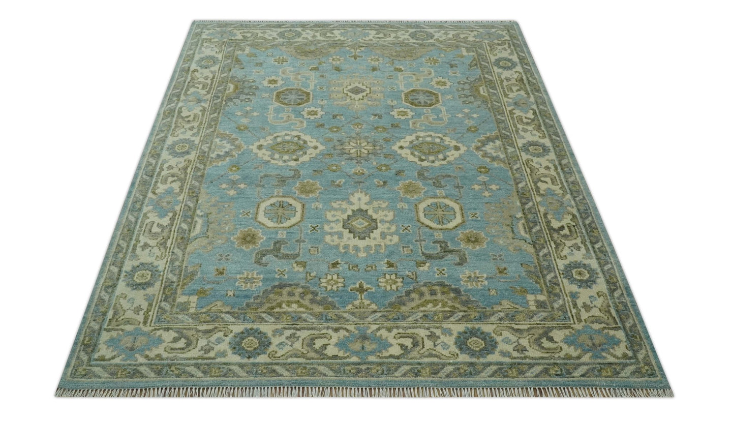 Sea Blue, Green and Ivory 8x10 Hand Knotted Traditional Oriental Oushak wool rug - The Rug Decor