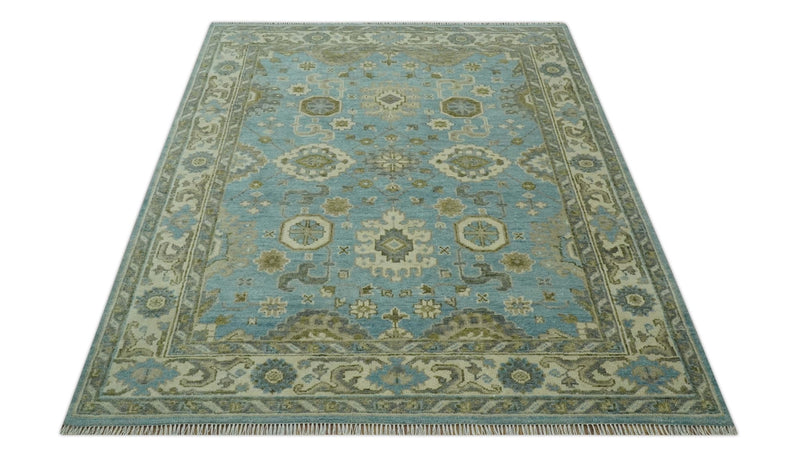 Sea Blue, Green and Ivory Hand Knotted Traditional Oushak Custom Made wool rug - The Rug Decor