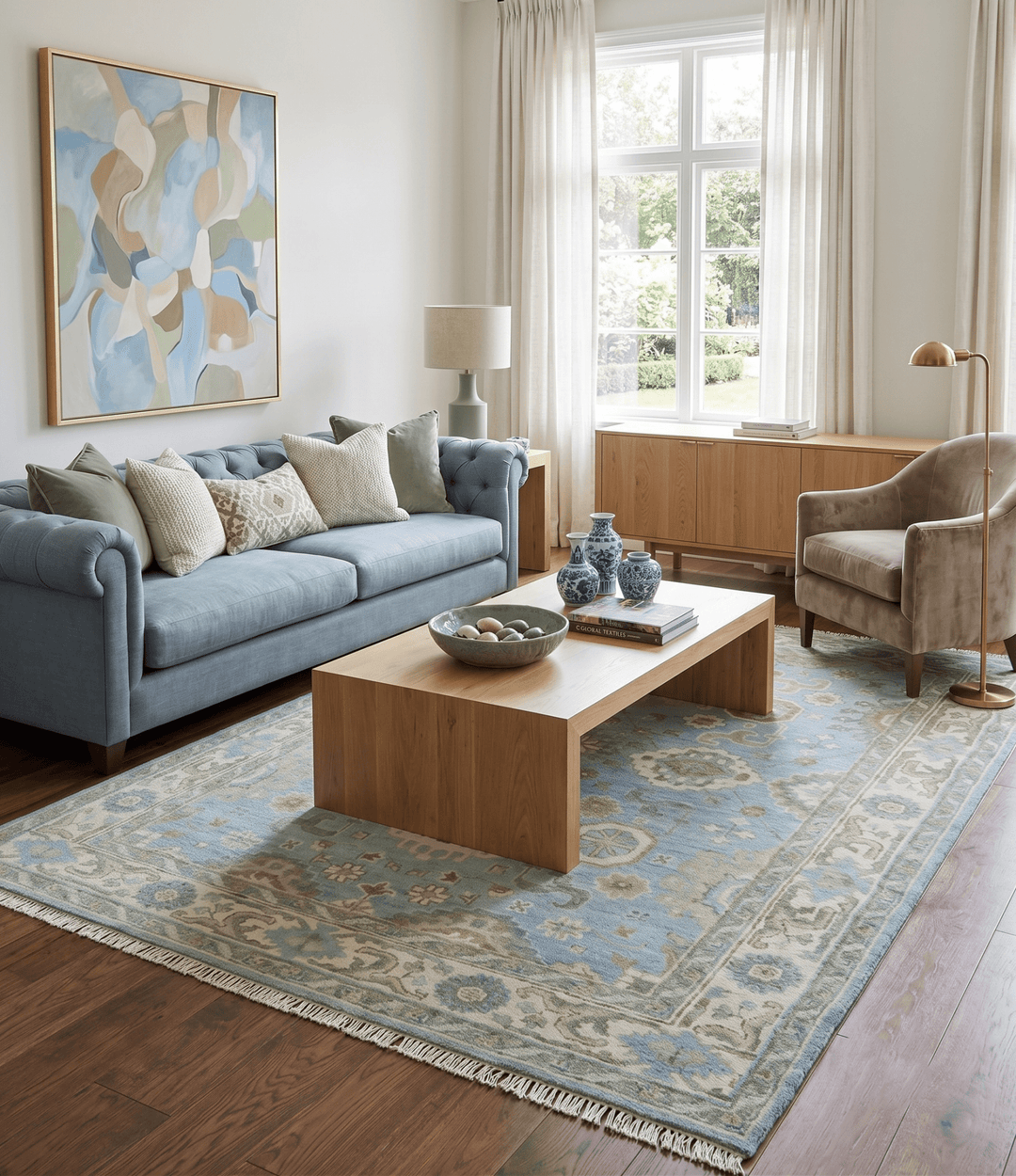 Sea Blue, Green and Ivory Hand Knotted Traditional Oushak Custom Made wool rug - The Rug Decor