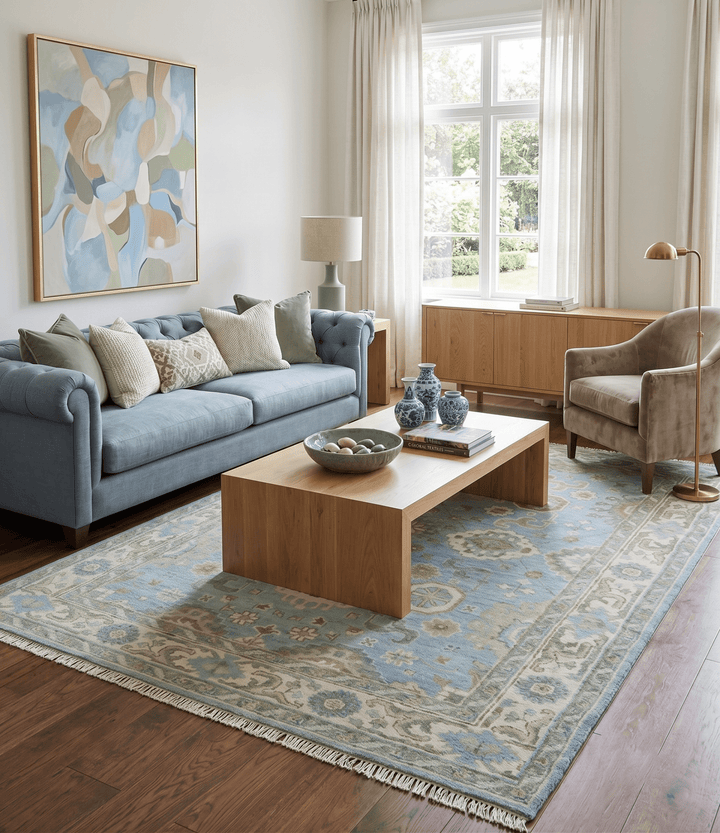 Sea Blue, Green and Ivory Hand Knotted Traditional Oushak Custom Made wool rug - The Rug Decor