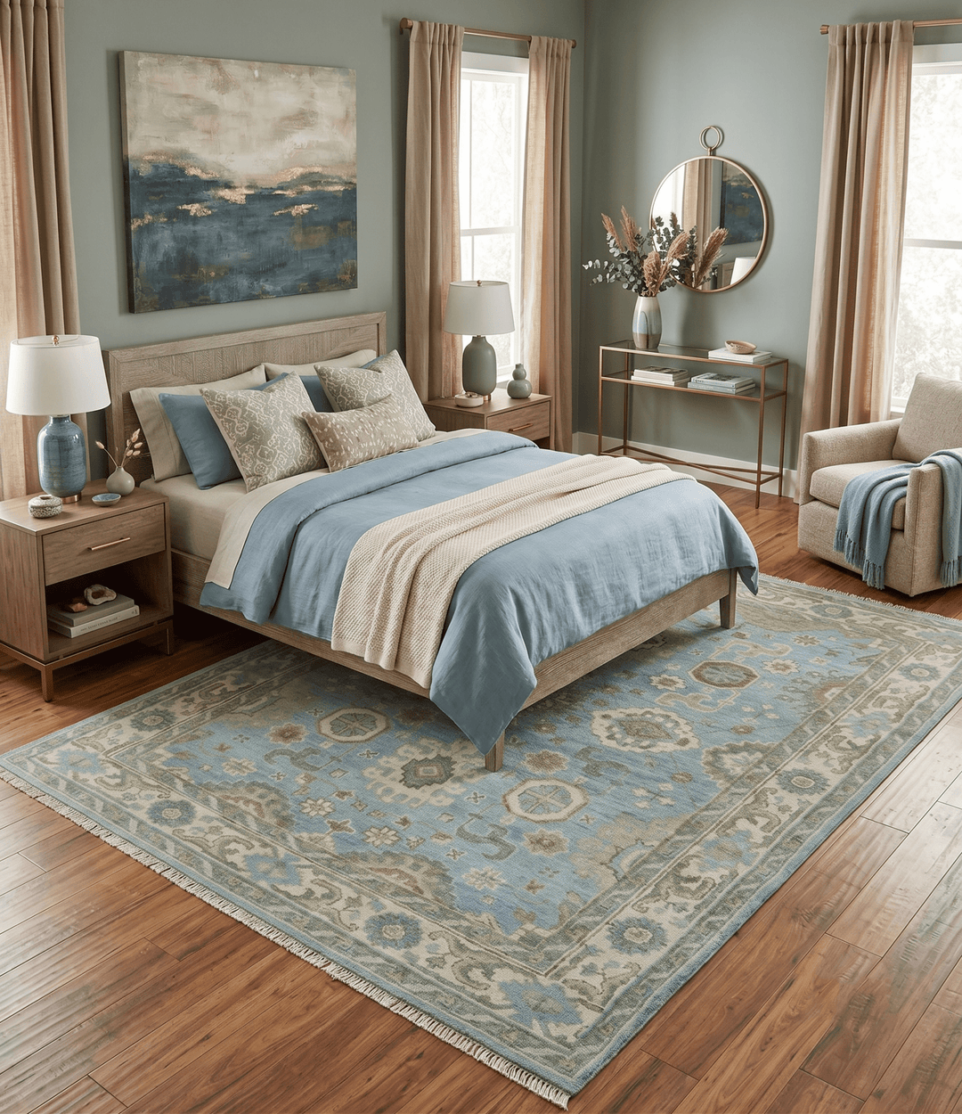 Sea Blue, Green and Ivory Hand Knotted Traditional Oushak Custom Made wool rug - The Rug Decor