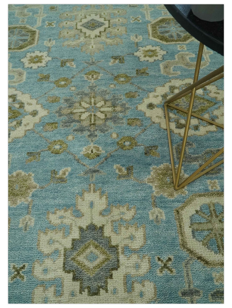 Sea Blue, Green and Ivory Hand Knotted Traditional Oushak Custom Made wool rug - The Rug Decor