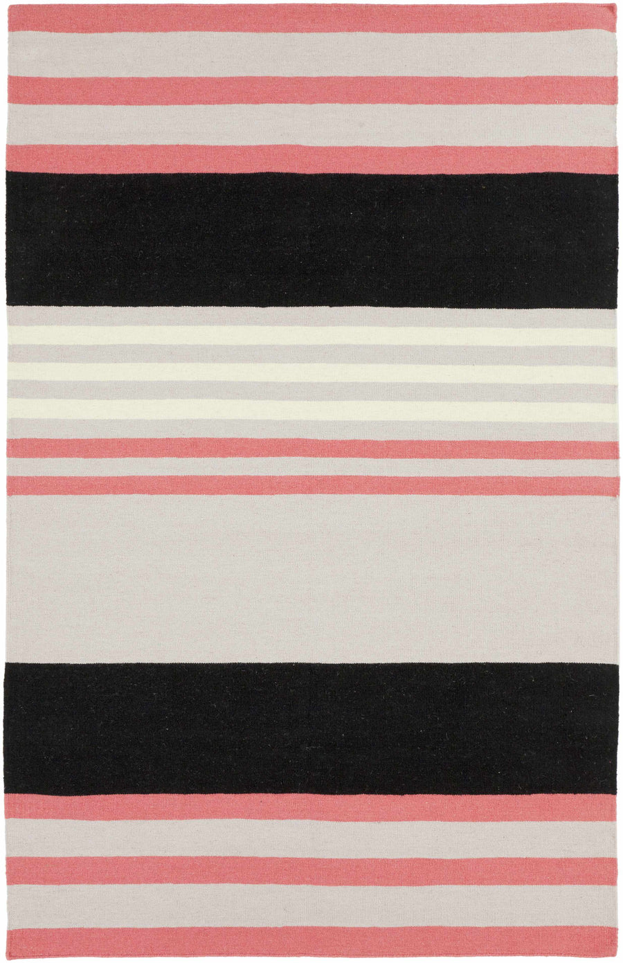 Hand-woven area rug with pink, black, and cream horizontal stripes, rectangular