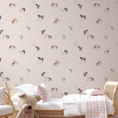 Self - adhesive Beige, Camel and Taupe Enchanted Horse Meadow Wallpaper for Kids' Rooms - The Rug Decor