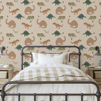 Self - adhesive Beige, Green and Camel Dinosaur Printed Wallpaper - The Rug Decor