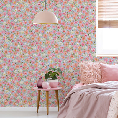 Self Adhesive Floral Printed Wallpaper Pink, Peach, Ivory and Green - The Rug Decor