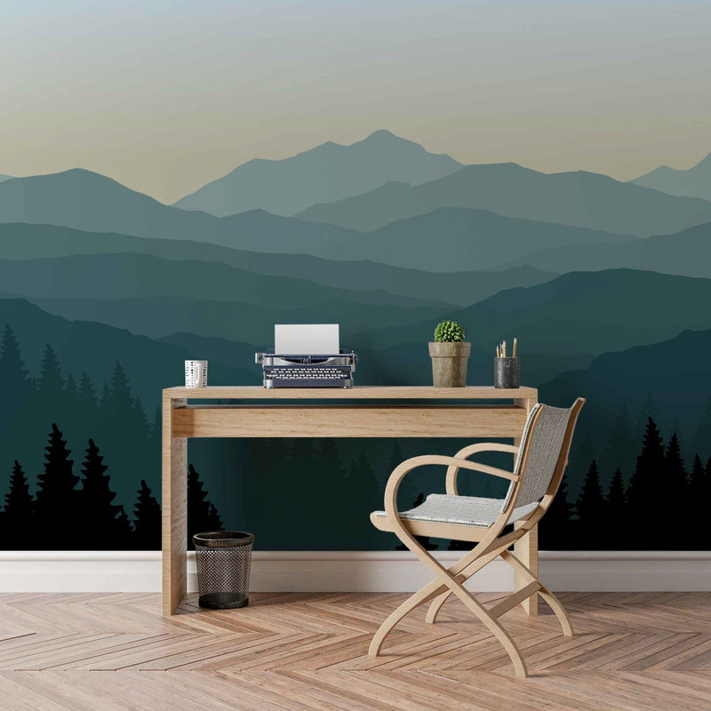 Self - adhesive mountain wallpaper with a beautiful Teal ombre effect - The Rug Decor