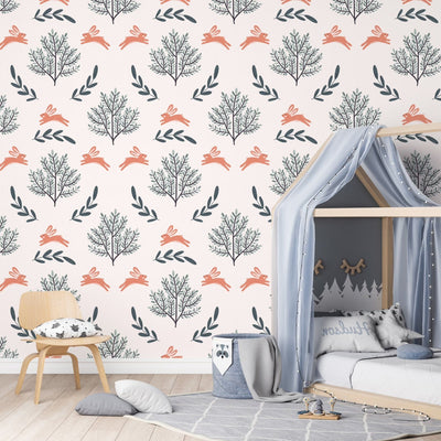 Self - adhesive Taupe and Ivory Tree and Rabbit Printed Wallpaper - The Rug Decor