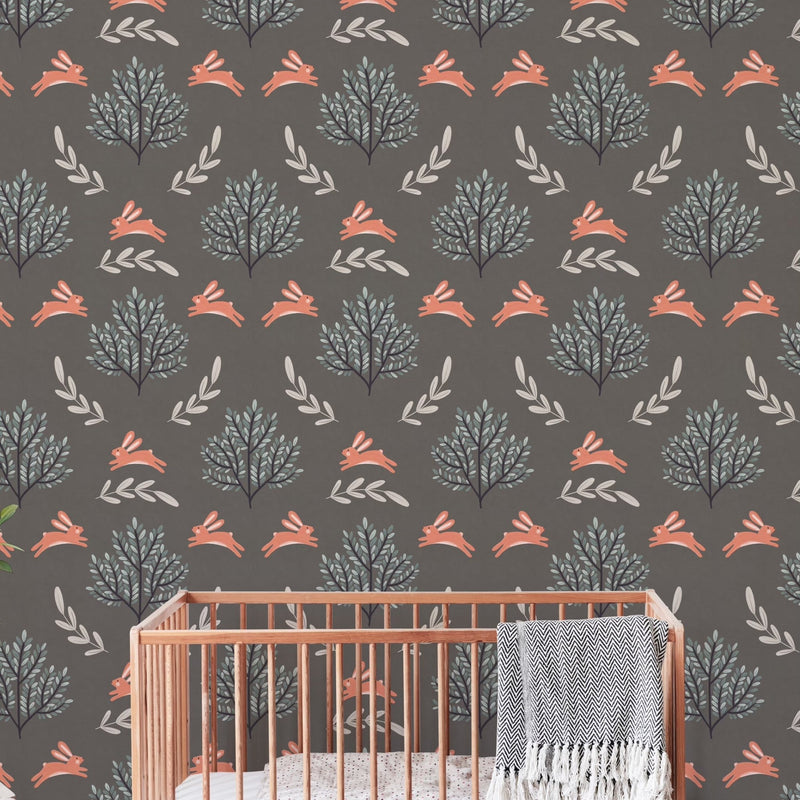 Self - adhesive Taupe and Ivory Tree and Rabbit Printed Wallpaper - The Rug Decor