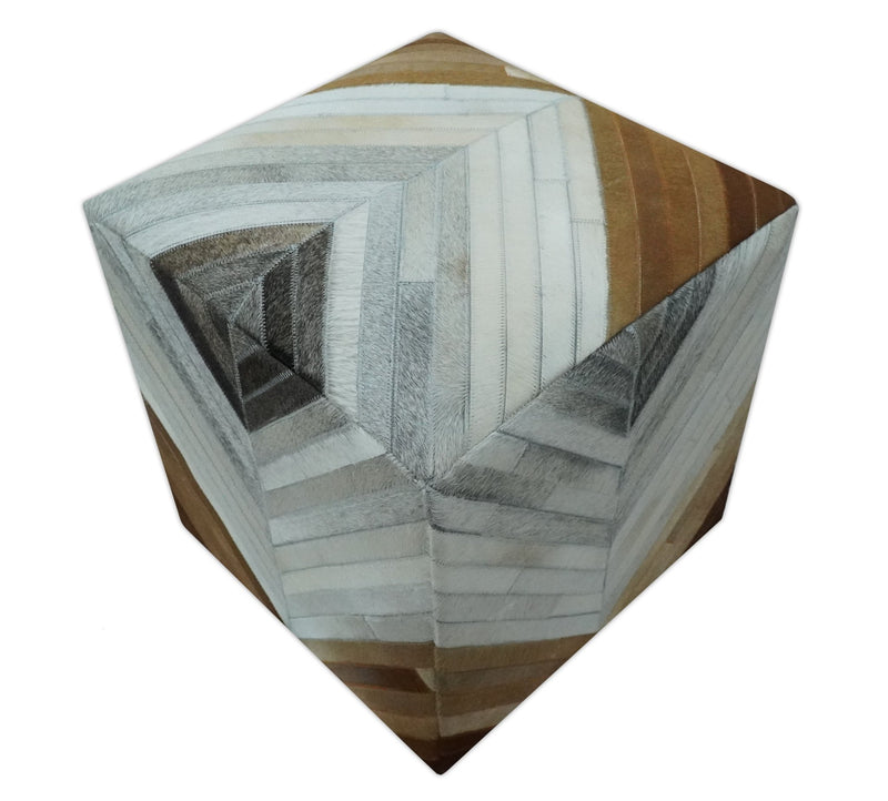 Shades of Gray and Brown Modern Stripes Design Genuine Leather Pouf - The Rug Decor