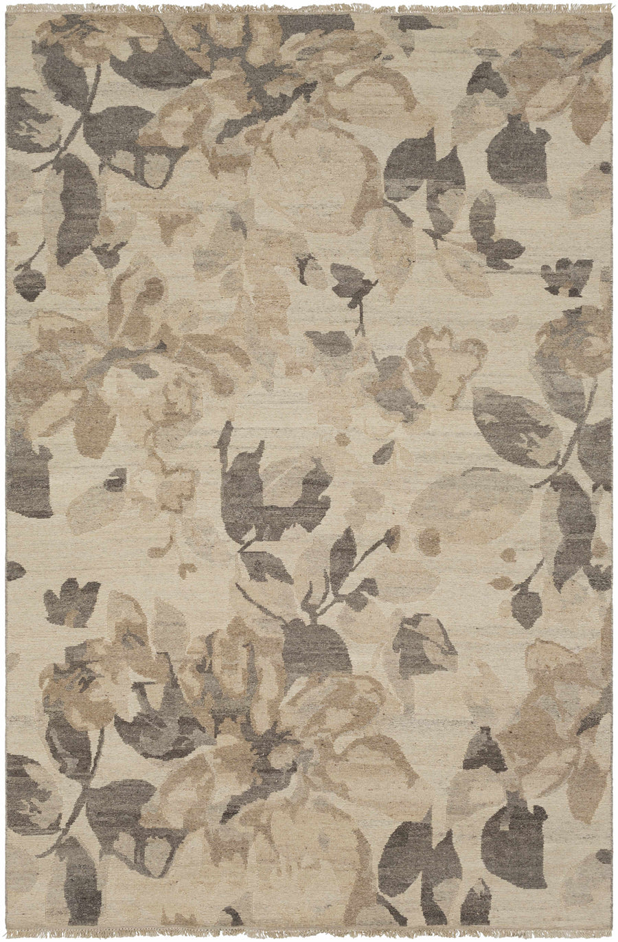 Beige rectangle wool rug with modern floral leaf pattern and short fringe edges