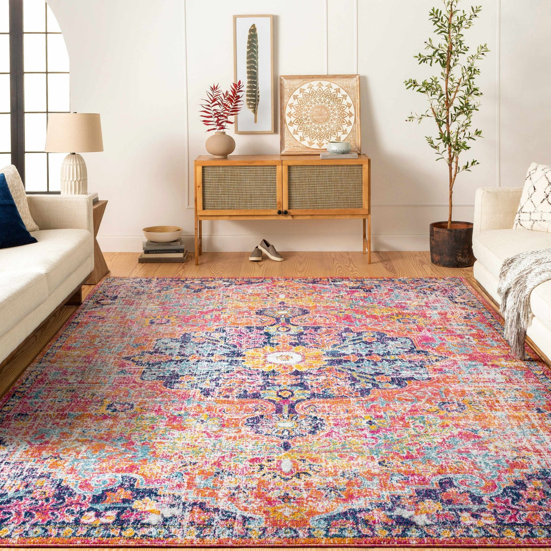 Shueyville Traditional Style Pink And Blue Area Rug - The Rug Decor